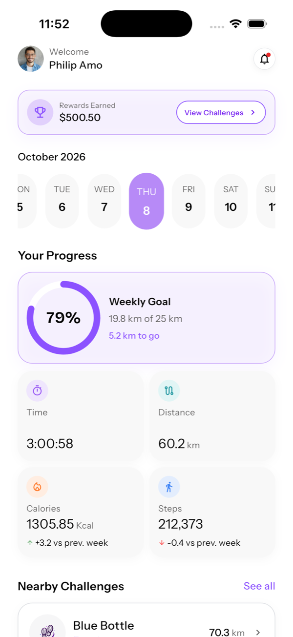 Walkable home screen showing weekly walking progress and nearby challenges